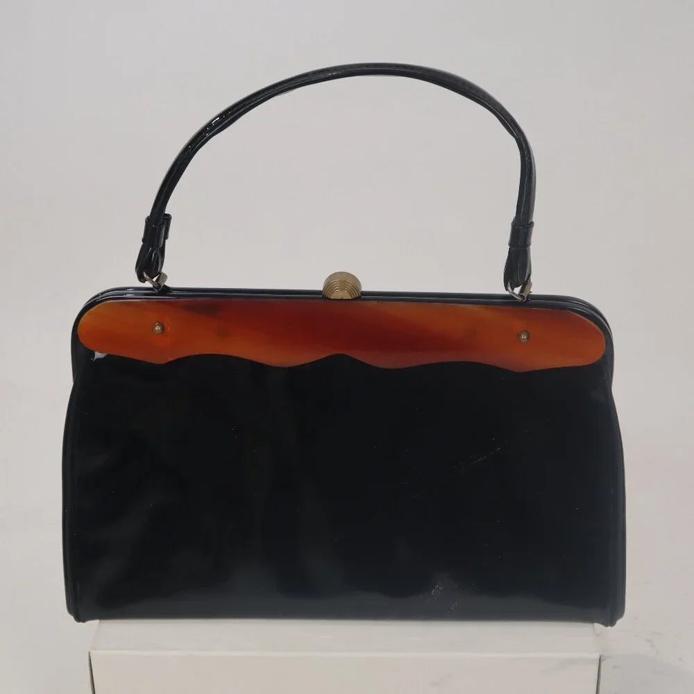 ❄️ Vtg 60's Verdi Black Patent Leather Tortoise Handbag Purse Satchel Acrylic